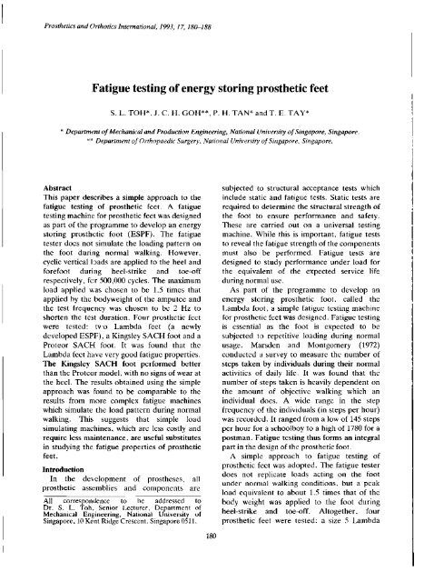 Fatigue testing of energy storing prosthetic feet