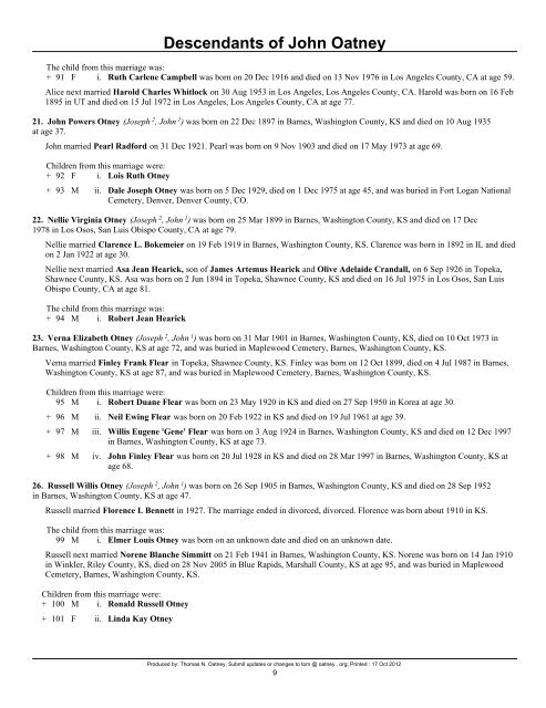 Table of Contents - Oatney Family Genealogy