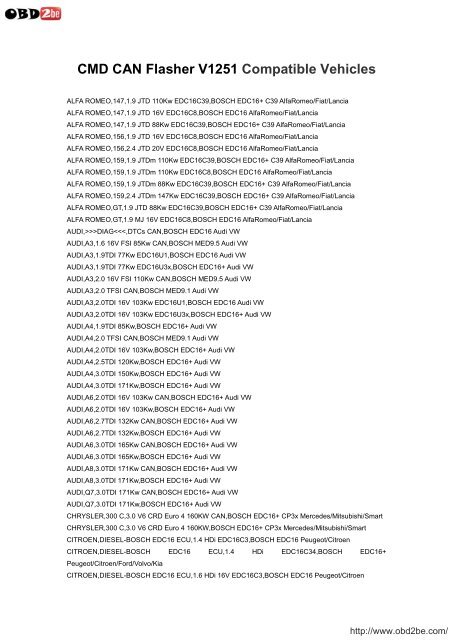 CMD CAN Flasher V1251 Compatible Vehicles - Obd2be.com