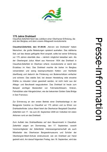 Pressemitteilung "175 Jahre Drahtseil" - Der Oberharz