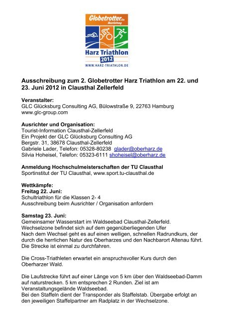 Ausschreibung zum 2. Globetrotter Harz Triathlon ... - Der Oberharz