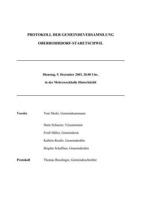 Protokoll vom 9. Dezember 2003 - Gemeinde Oberrohrdorf