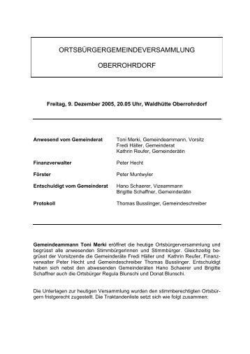 Protokoll vom 9. Dezember 2005 - Gemeinde Oberrohrdorf