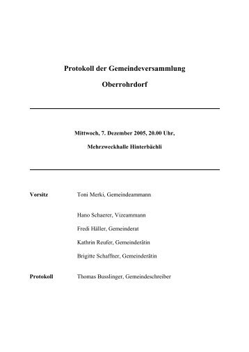 Protokoll vom 7. Dezember 2005 - Gemeinde Oberrohrdorf