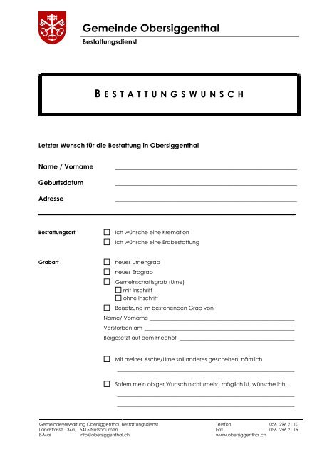 Bestattungswunsch - Gemeinde Obersiggenthal