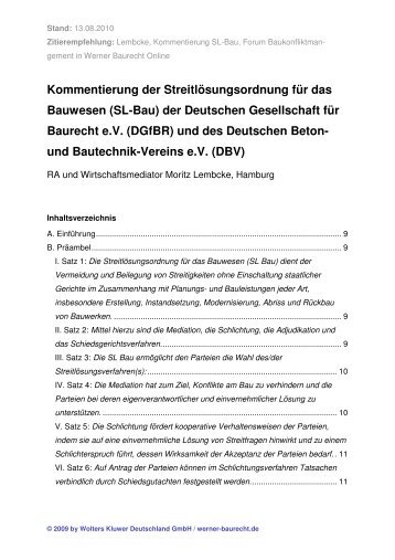 Kommentierung der StreitlÃ¶sungsordnung fÃ¼r das Bauwesen (SL-Bau)