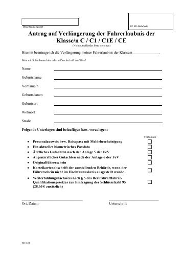 Antrag auf VerlÃ¤ngerung der Fahrerlaubnis der Klasse/n C / C1E / CE