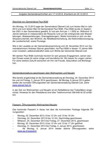 Aufgabe Gemeindenachrichten am 17.12.2013 ... - Oberwil-Lieli