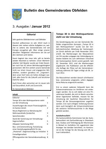 Bulletin des Gemeinderates Januar 2012 - Gemeinde Obfelden