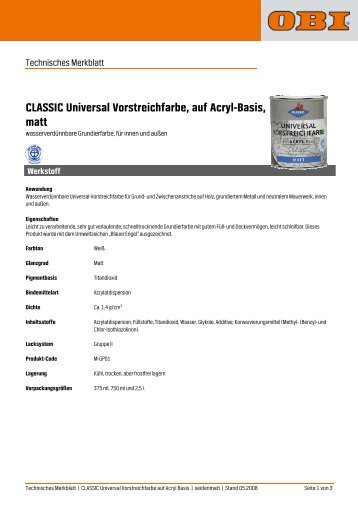 CLASSIC Universal Vorstreichfarbe, auf Acryl-Basis, matt - Obi