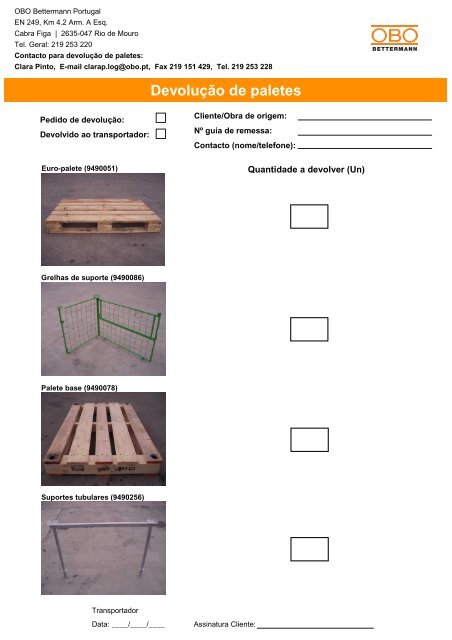 Devolução de paletes - OBO Bettermann