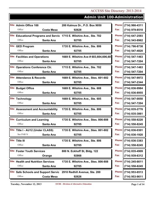 Admin Unit 100-Administration ACCESS Site Directory: 2012-2013