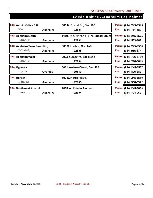 Admin Unit 100-Administration ACCESS Site Directory: 2012-2013