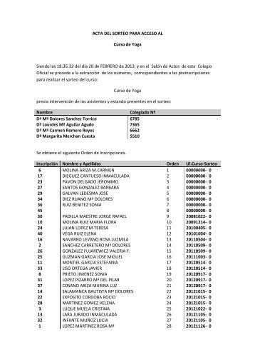 ACTA DEL SORTEO PARA ACCESO AL Curso de Yoga Siendo las ...