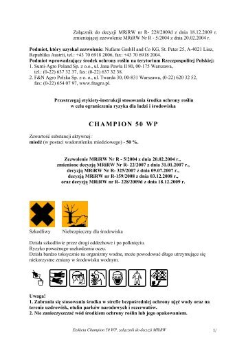 Etykieta stosowania Årodka Champion 50 WP - ochronasadu.pl