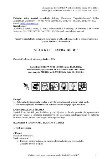 Etykieta stosowania Årodka Siarkol Extra 80 WP - ochronasadu.pl