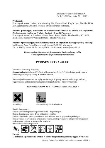 Etykieta stosowania Årodka Pyrinex Extra 480 EC - ochronasadu.pl