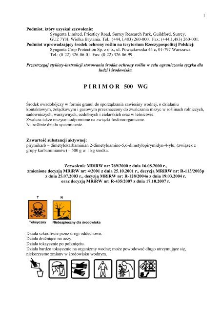 Etykieta stosowania Å›rodka Pirimor 500 WG - Ochrona Warzyw