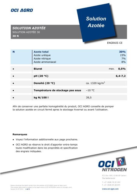 Fiche technique de la solution d'acide nitrique