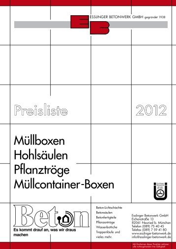 Preisliste Müllboxen, Hohlsäulen, Tröge - Esslinger Betonwerk GmbH