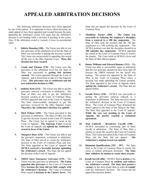 Appealed Arbitration Decisions (PDF) - OCSEA