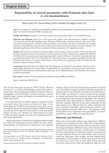 Repeatability of cornea parameters with Pentacam - Oculus