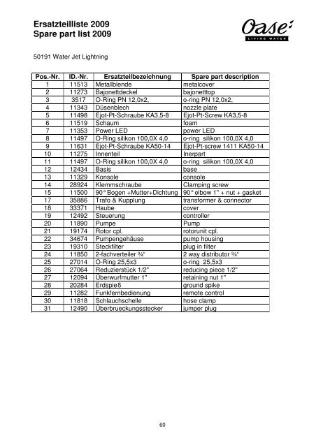 Ersatzteilliste 2009 Spare part list 2009 - Oase