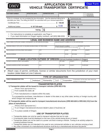 application for vehicle transporter certificate - Oregon Department of ...