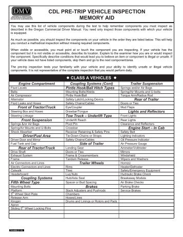 CDL PRE-TRIP VEHICLE INSPECTION MEMORY AID