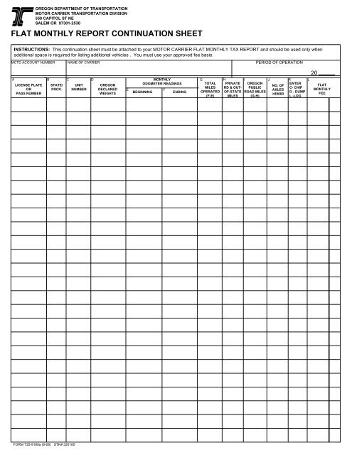 flat monthly report continuation sheet - Oregon Department of ...