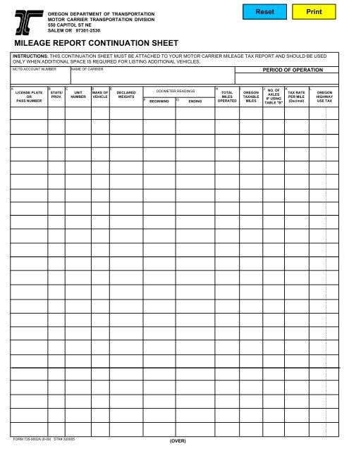 mileage report continuation sheet - Oregon Department of ...