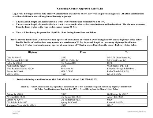 columbia county weight restricted bridges and approved route list ...
