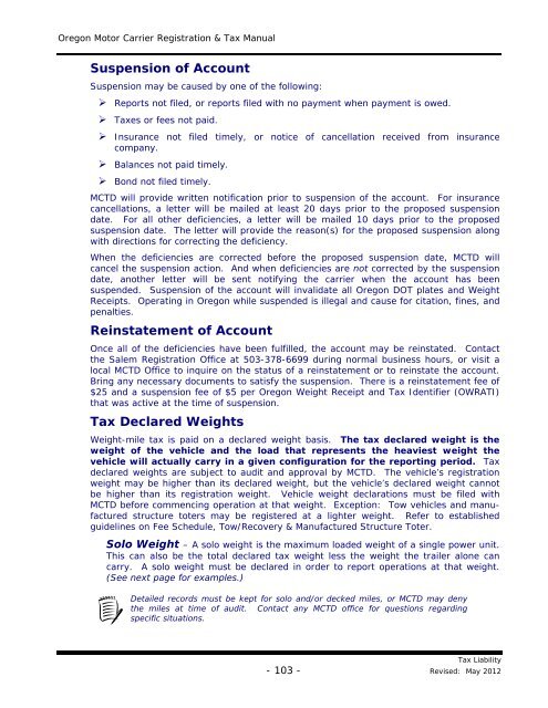oregon motor carrier registration & tax manual - Oregon Department ...
