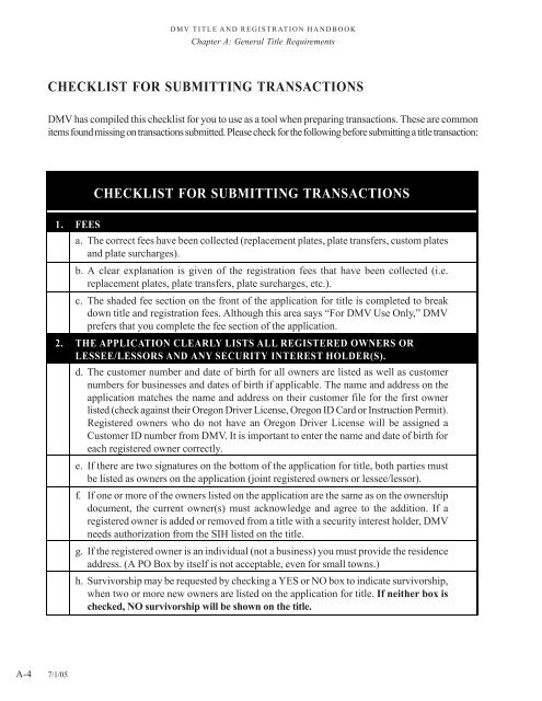 DMV Title and Registration Handbook - Oregon Department of ...