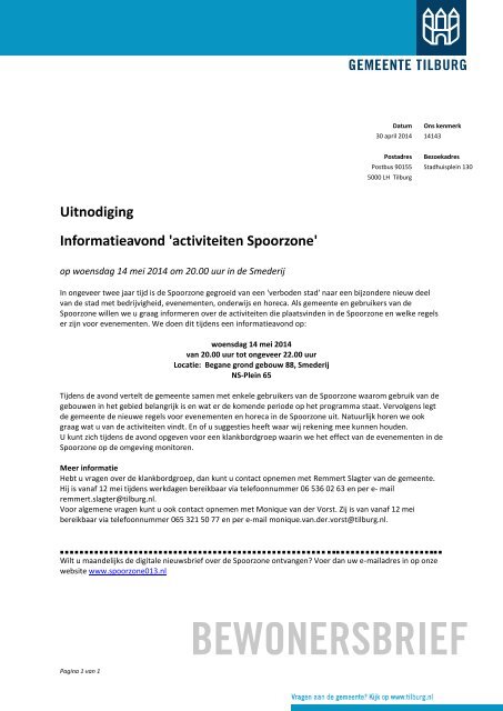 Uitnodiging Informatieavond 'activiteiten Spoorzone'