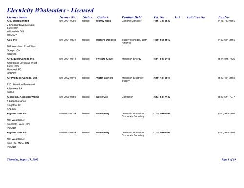 EW Issued Web List.rtf - Ontario Energy Board