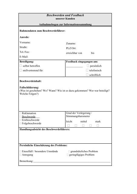 Beschwerdemanagement-Erfassungsbogen