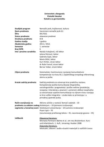 Kursprogramm Gegenwartssprache Deutsch G1/ G2 - Filološki fakultet