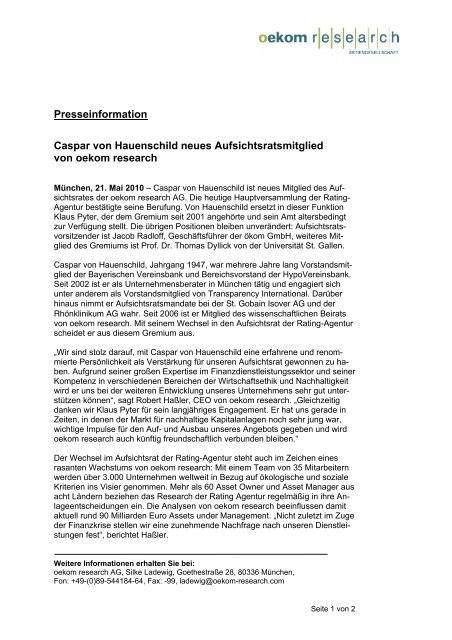 Presseinformation Caspar von Hauenschild ... - Oekom Research