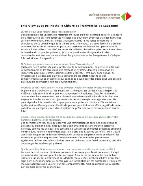 Interview avec Dr. Nathalie Chèvre de l'Université ... - Oekotoxzentrum