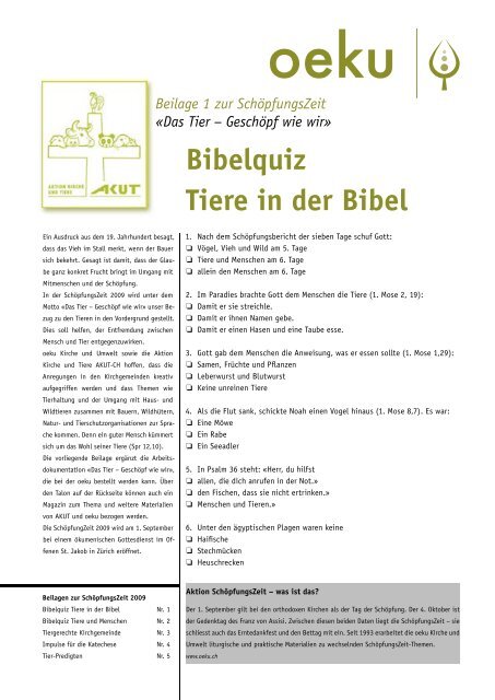 Bibelquiz Tiere in der Bibel - oeku Kirche und Umwelt