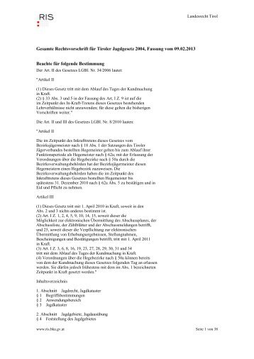Gesamte Rechtsvorschrift für Tiroler Jagdgesetz 2004, Fassung vom ...