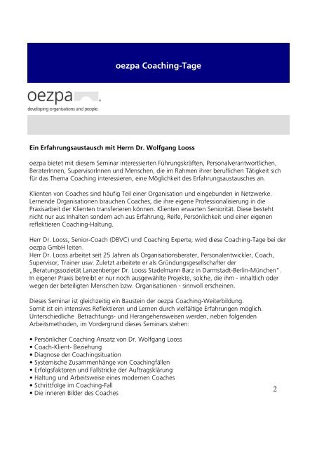 Coaching-Tage mit Dr. Looss - oezpa GmbH