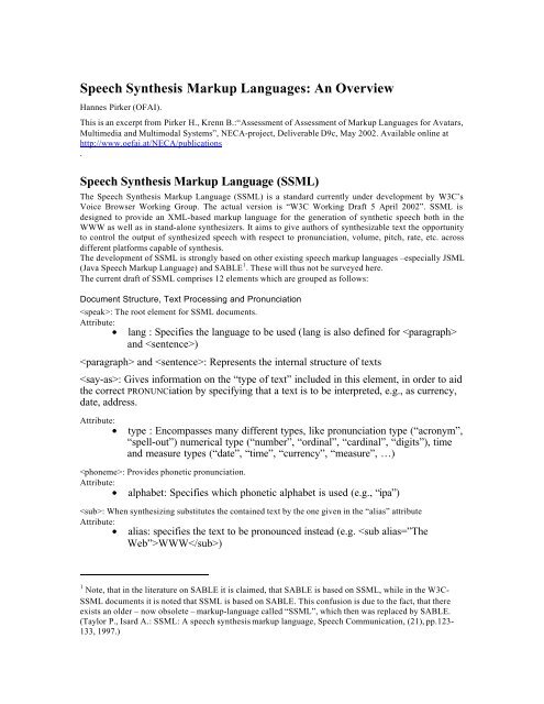 Speech Synthesis Markup Languages: An Overview and ... - OFAI