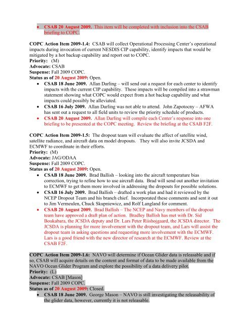 COPC Action Items (as of 20 August 2009) Spring 2009 Action Items ...