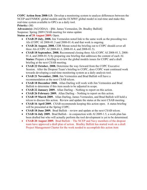 COPC Action Items (as of 20 August 2009) Spring 2009 Action Items ...