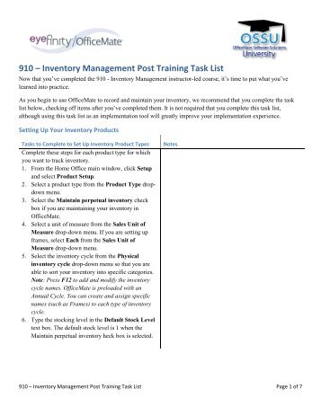 910 â Inventory Management Post Training Task List