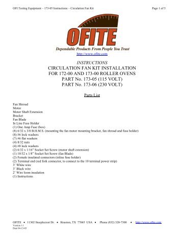 173-05 - Fan Circulation Kit for Roller Ovens - Instruction Manual