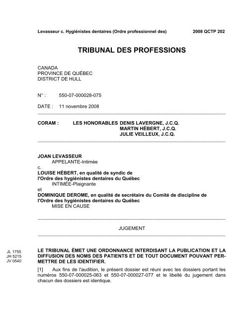 Tribunal Des Professions Ordre Des Hygienistes Dentaires Du Quebec