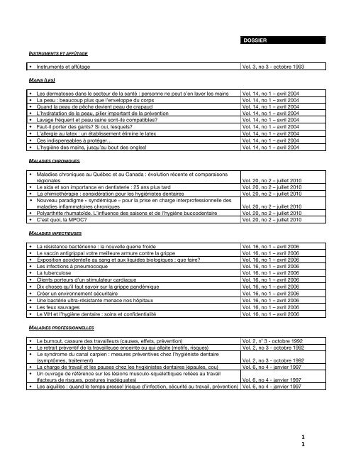 Index de L'Explorateur - Ordre des hygiénistes dentaires du Québec